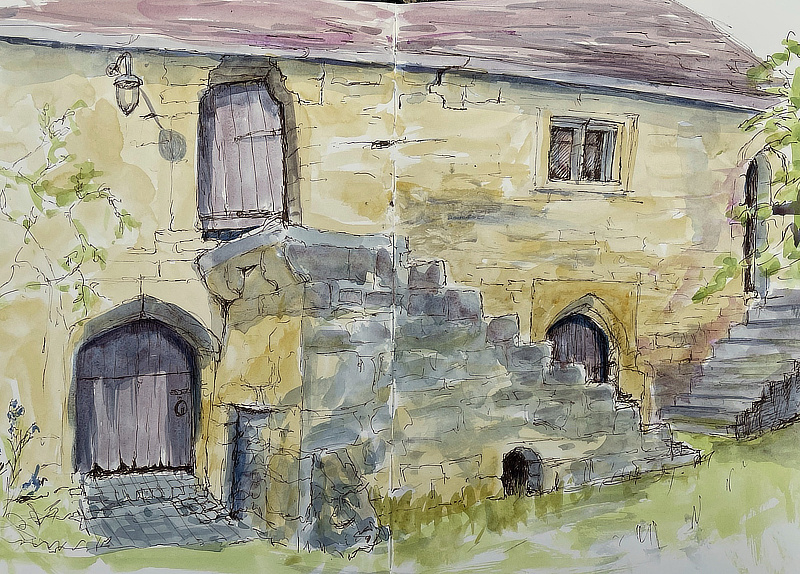 Jane Few, The Stables at Whittington Court, pen and wash